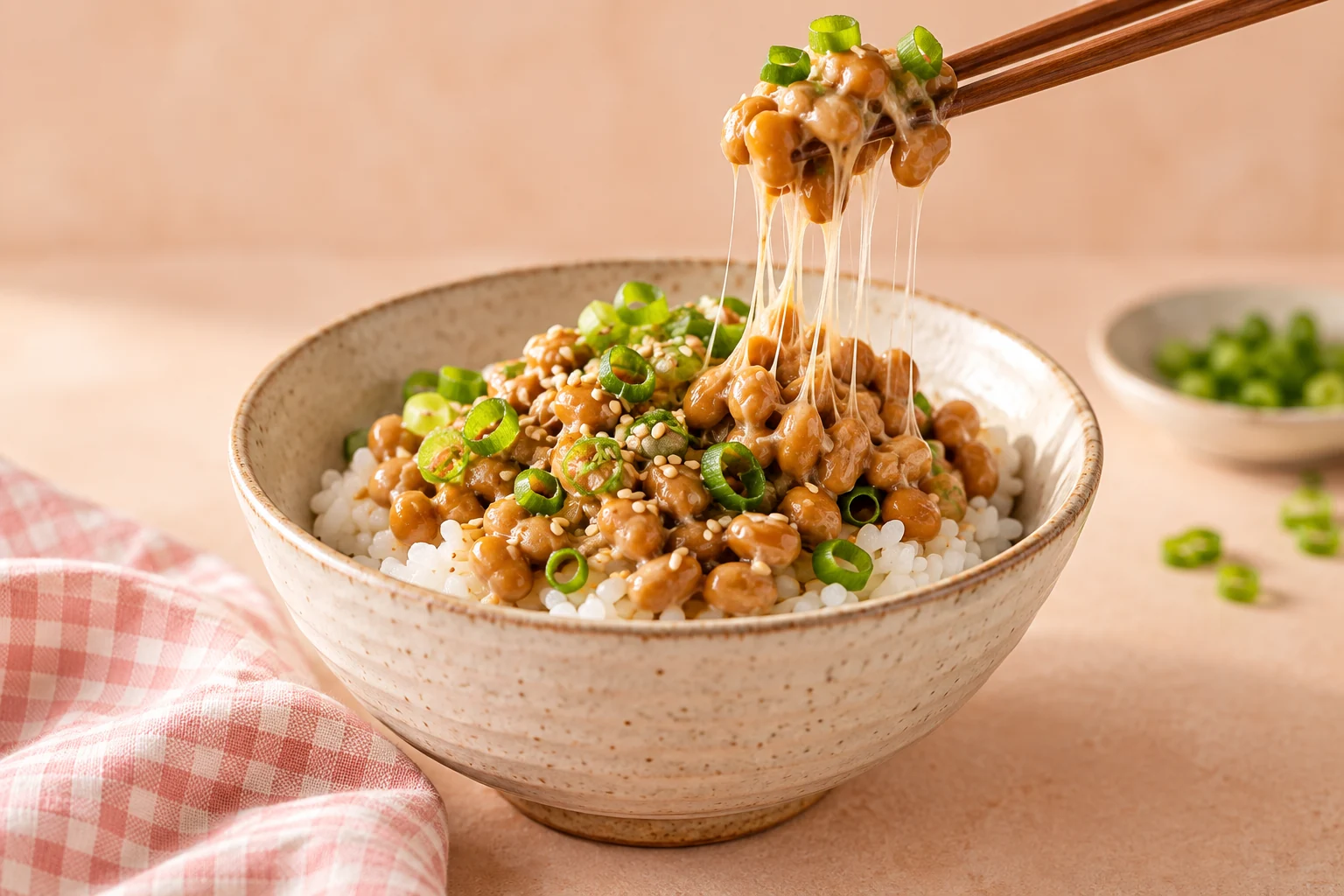 Natto and rice in a ceramic bowl, with scallions and chopsticks lifting the strings