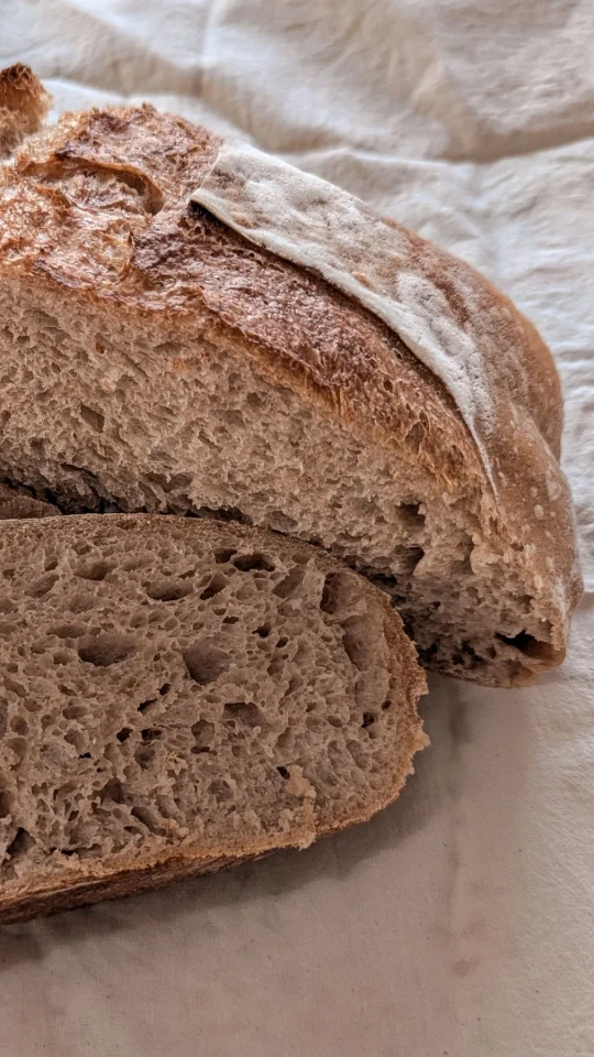 Sliced artisan sourdough bread on linen